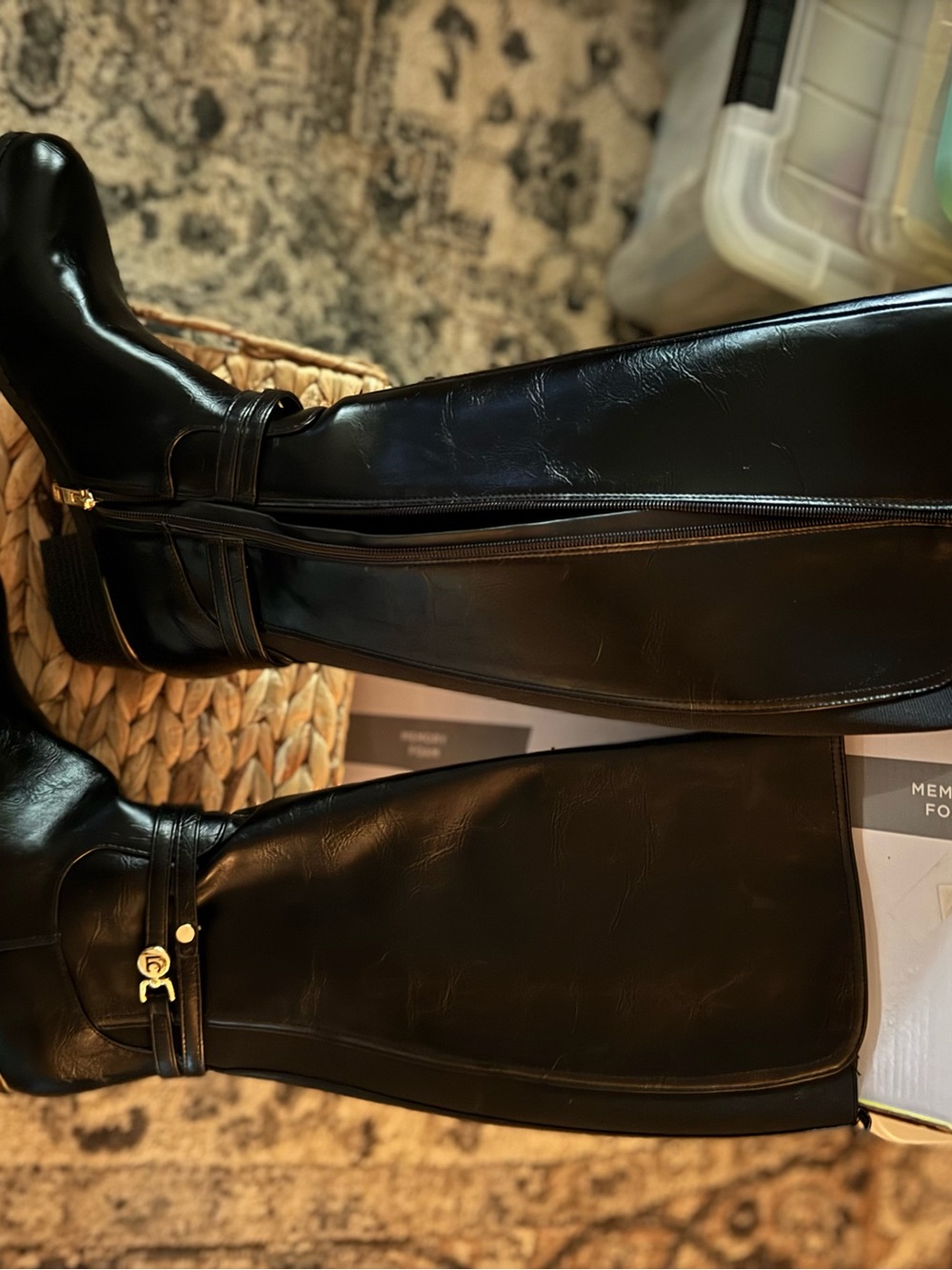 Black Knee-High Riding Boots with Gold Hardware